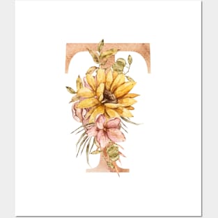 Watercolor fall sunflower bouquet monogram letter T Posters and Art